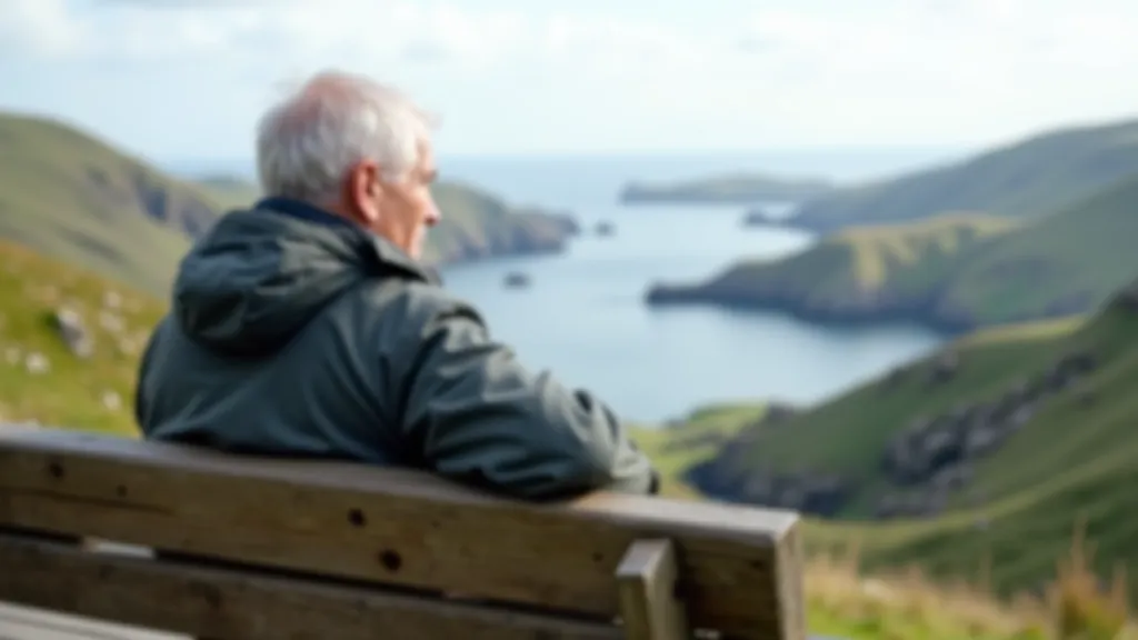 Hiker resting on wooden bench overlooking valley with islands in bay below