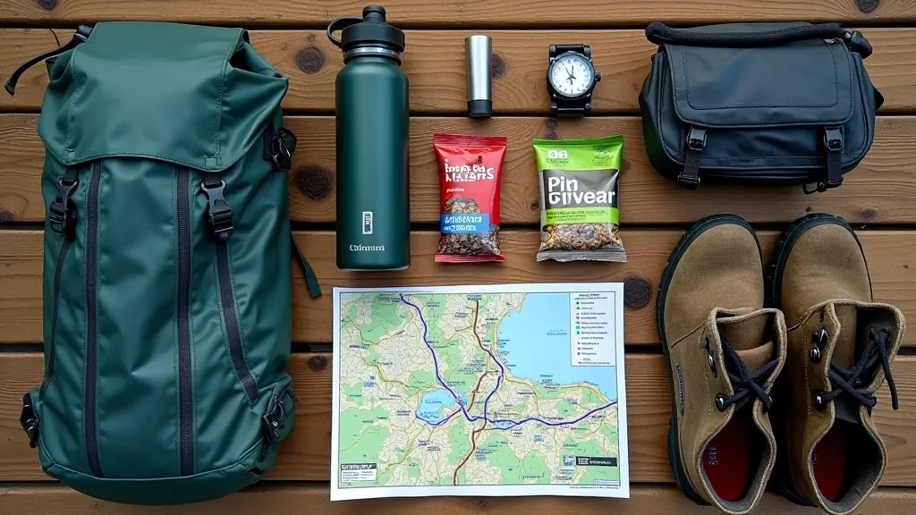 Hiking gear laid out including boots, jacket, water bottle, snacks, and map on outdoor surface