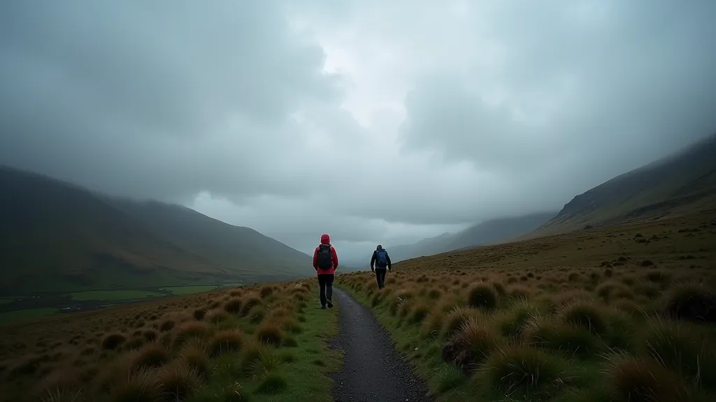 Weather changing on mountain with clouds rolling in over moorland landscape