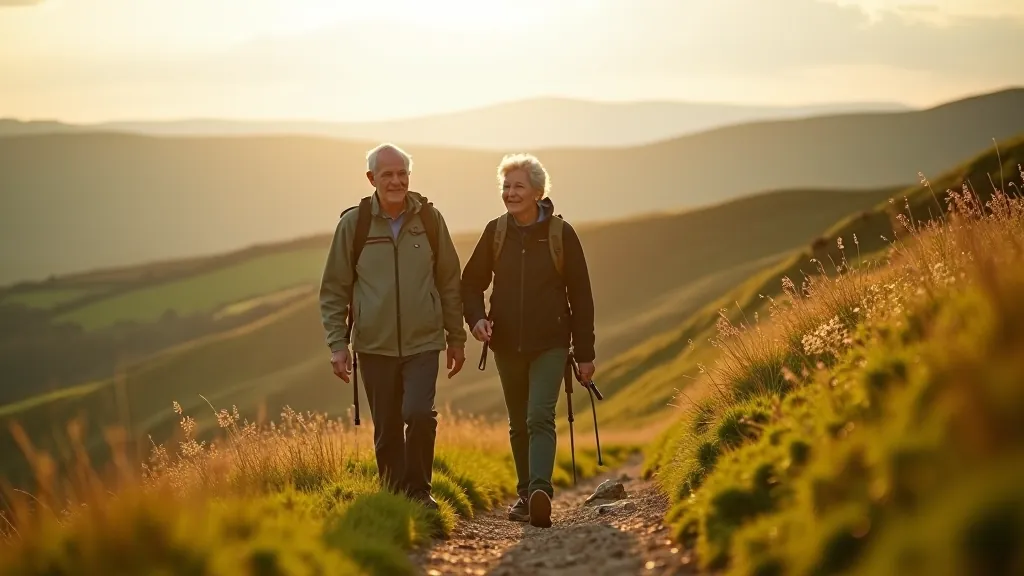 Retired couple enjoying a peaceful walk on a gentle hillside trail with scenic views