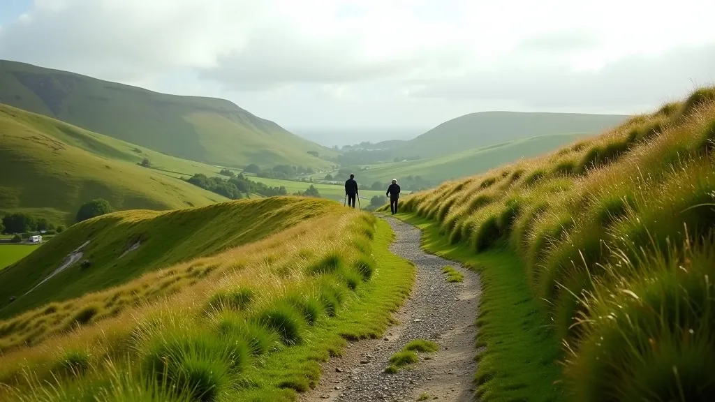 Hillside path with mile markers visible, person walking in distance, rolling green slopes, afternoon light