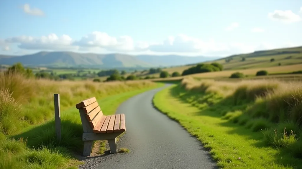 Wooden bench along paved greenway path with countryside vista, peaceful resting spot