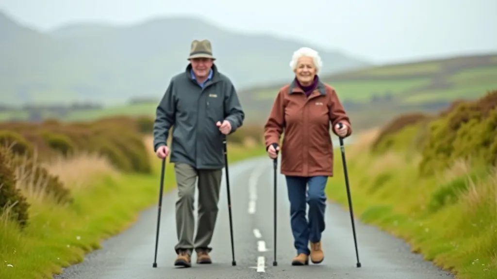 Two people walking on greenway path with poles, mature walkers, sunny weather, flat trail visible