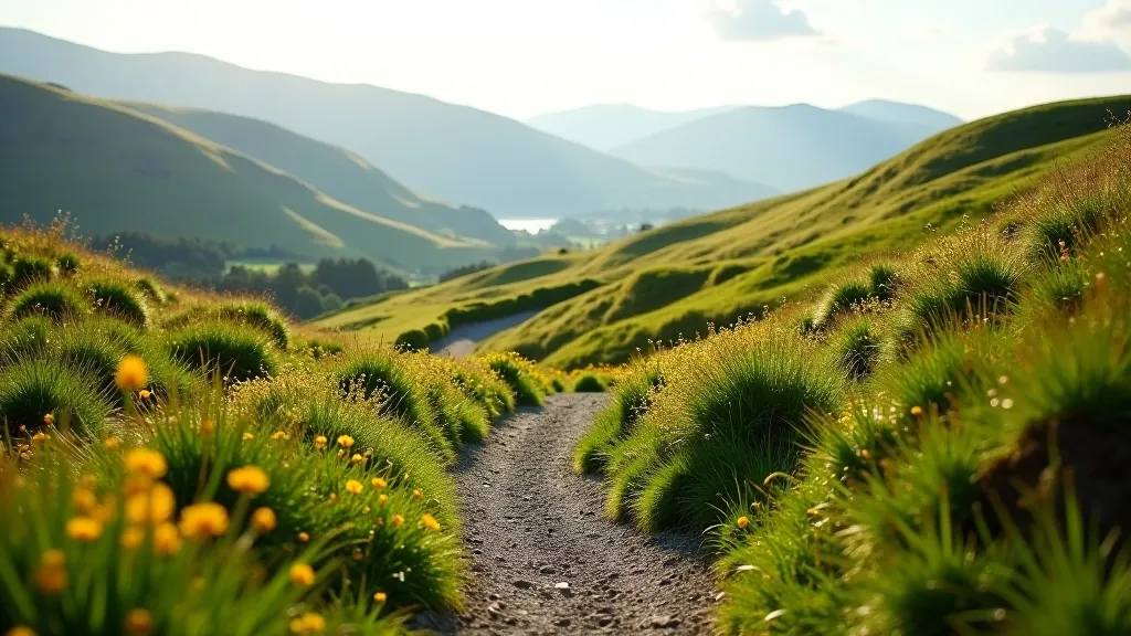 Winding hiking trail through rolling hills, scenic mountain backdrop