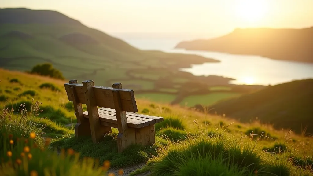 Wooden bench on grassy hillside with clear view of Clew Bay and surrounding islands, morning light